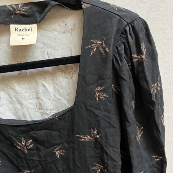 Rachel Mona Long Sleeve A Line Dress Black Leaf Print Tie Back Sz M - Picture 8 of 13